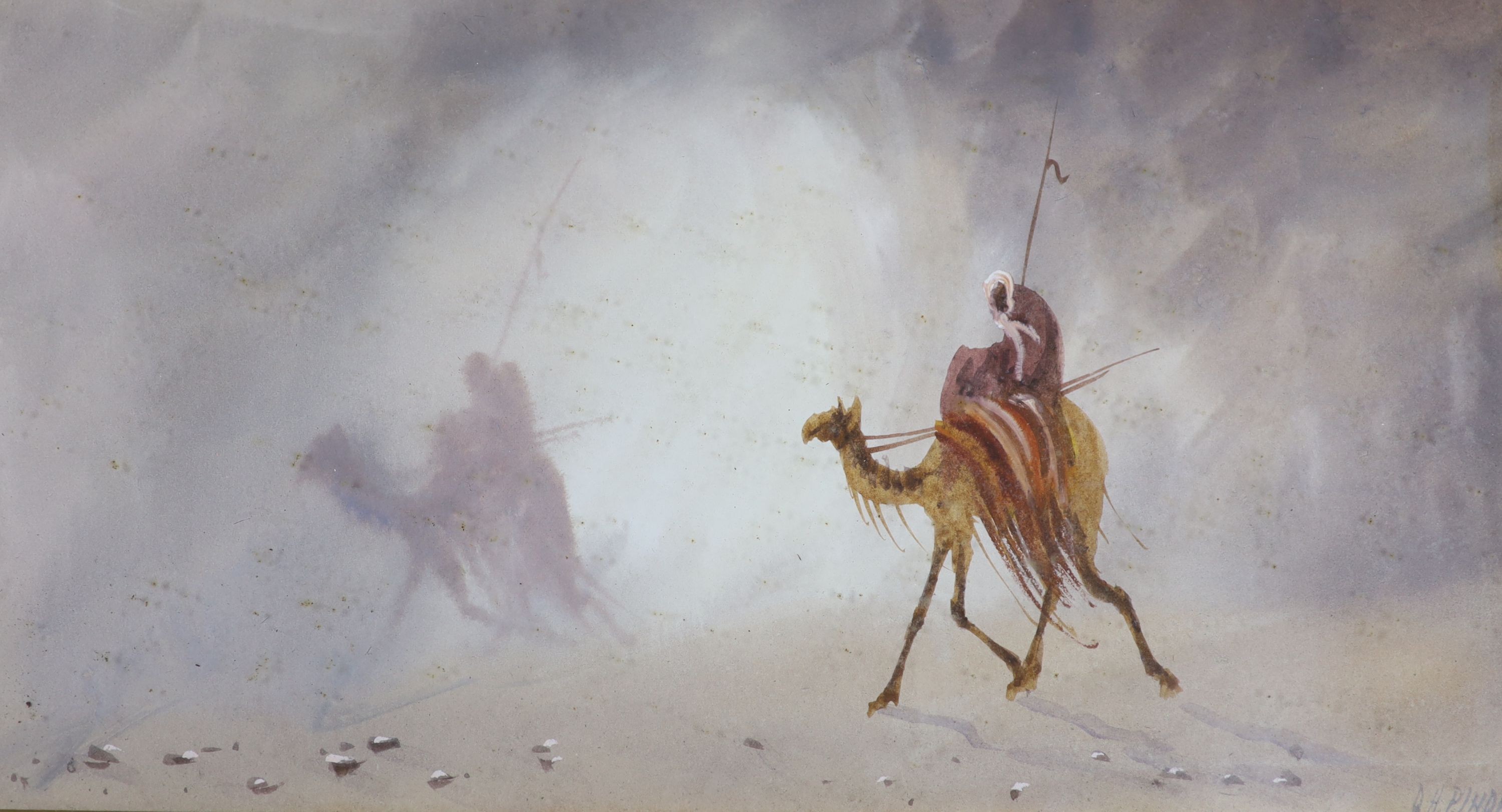 Douglas Houzen Pinder (1886-1949), watercolour, Camel riders in the desert, signed, 14 x 27cm. Condition - fair